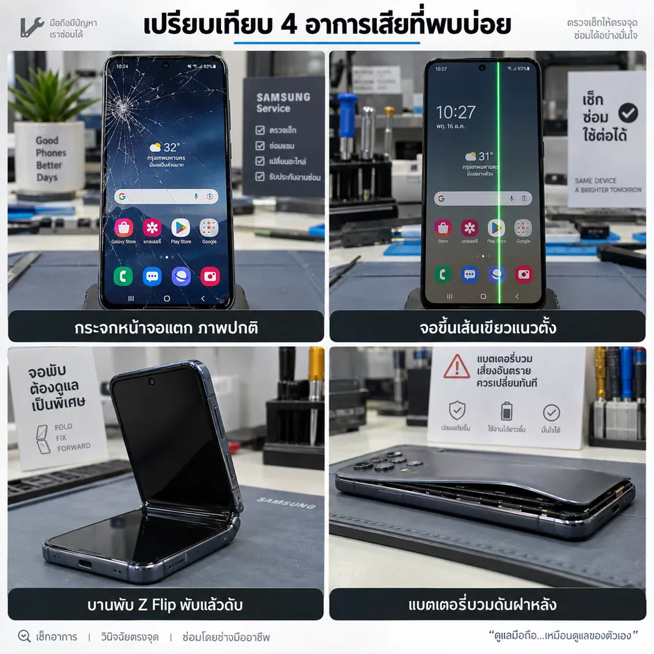 4 อาการเสีย Samsung ที่พบบ่อย กระจกแตก จอเส้นเขียว Z Flip พับแล้วดับ และแบตบวมดันฝาหลัง