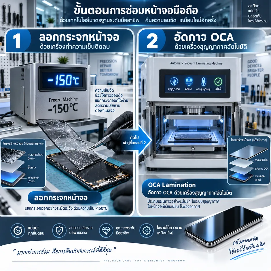 ขั้นตอนลอกกระจกหน้าจอ Samsung และอัดกาว OCA ด้วยเครื่องสุญญากาศ สำหรับซ่อมจอมือถือแบบเปลี่ยนเฉพาะกระจก