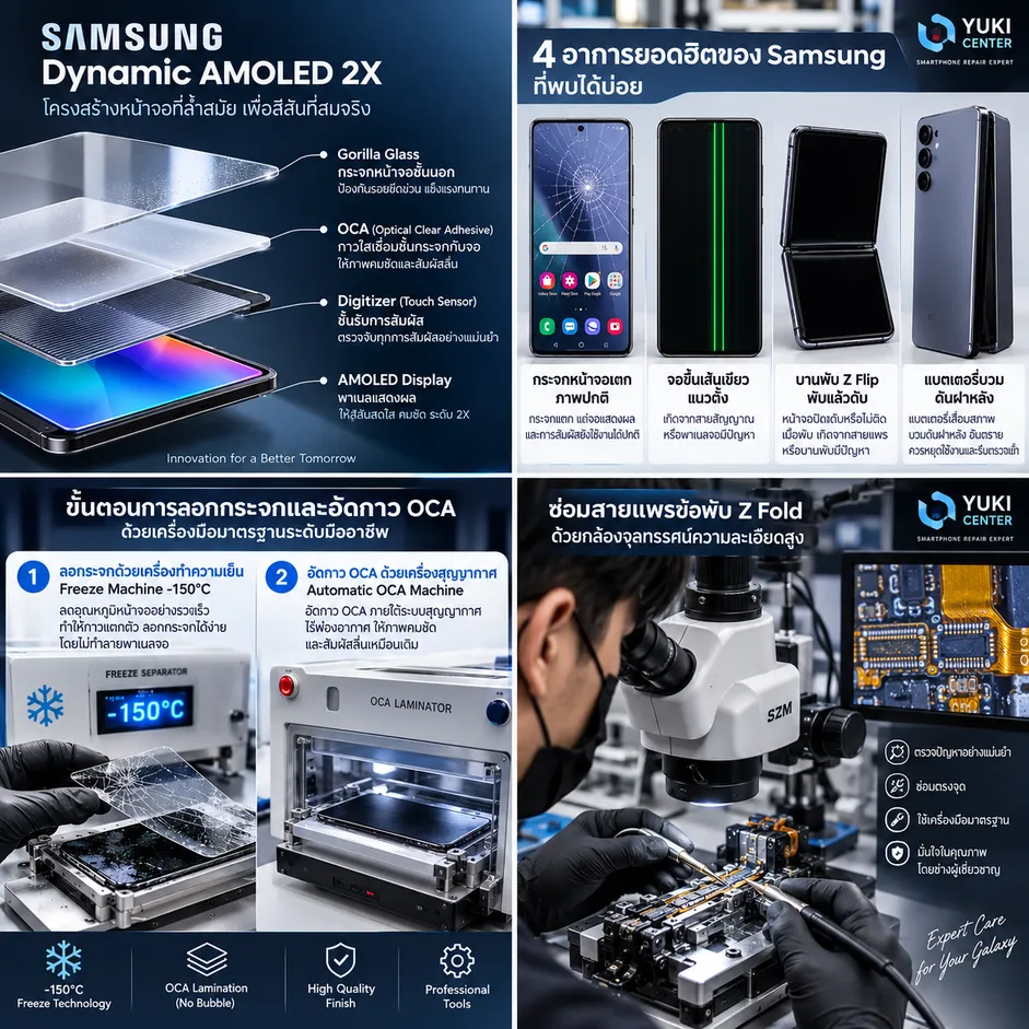ซ่อม Samsung Galaxy จอแตก เส้นเขียว ลอกกระจก OCA และซ่อมสายแพร Z Fold โดยช่างผู้เชี่ยวชาญ