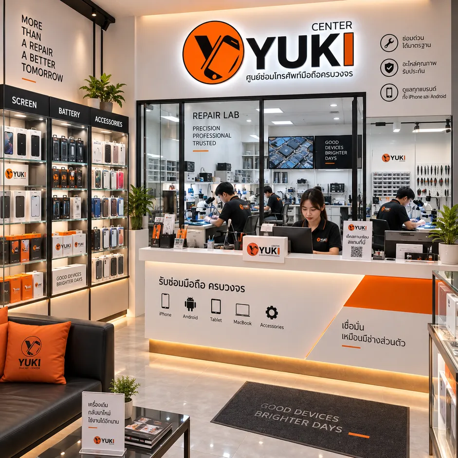 ร้านซ่อมมือถือ Yuki Center รับซ่อม iPhone Samsung Android และแท็บเล็ต พร้อมห้องช่างมาตรฐาน