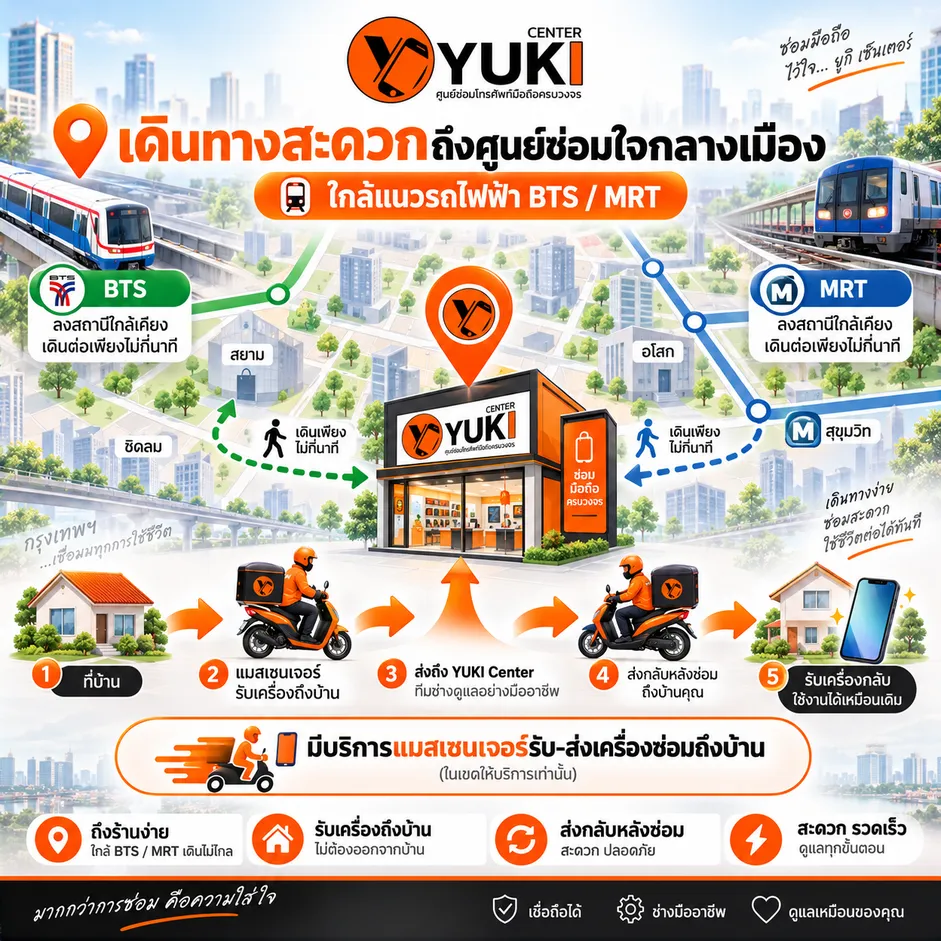 ศูนย์ซ่อมมือถือ Yuki Center ใกล้ BTS และ MRT พร้อมบริการแมสเซนเจอร์รับส่งเครื่องซ่อมถึงบ้าน