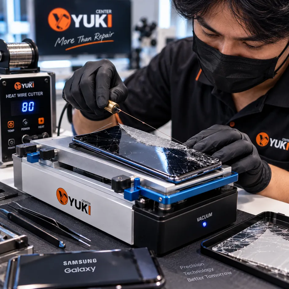 ช่าง Yuki Center ลอกกระจก Samsung จอแตกด้วยเครื่องตัดลวดความร้อนและเครื่องดูดสุญญากาศ