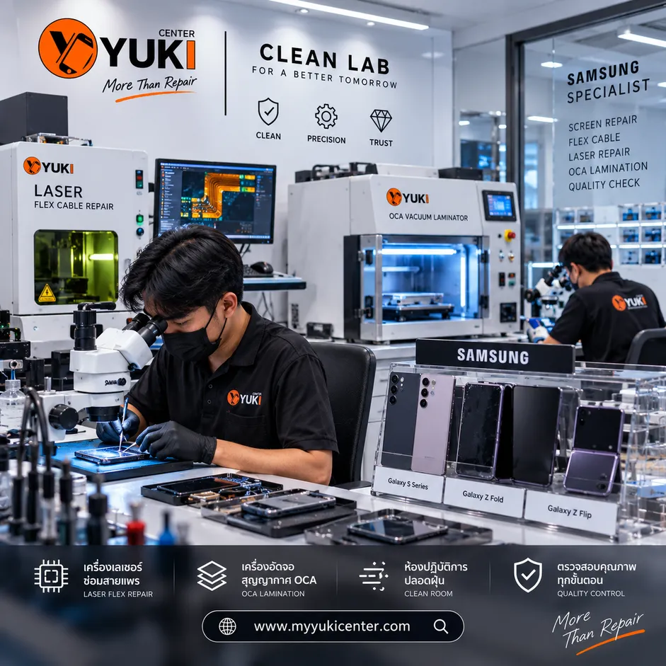 ช่าง Yuki Center ซ่อมจอ Samsung ในห้อง Clean Lab ด้วยเครื่องเลเซอร์ซ่อมสายแพรและเครื่องอัดจอ OCA