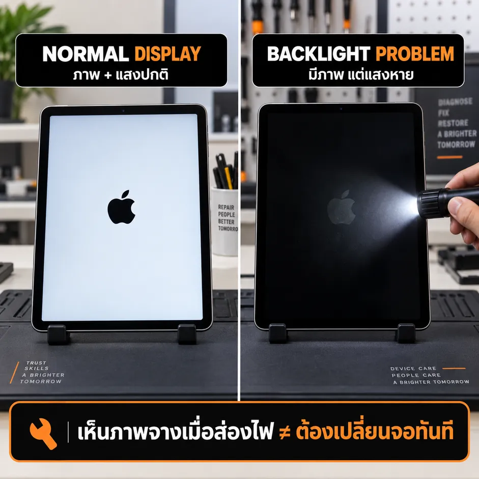 iPad จอดำแต่เครื่องติด ส่องไฟเห็นภาพจาง อาจเป็นปัญหา Backlight ไม่จำเป็นต้องเปลี่ยนจอทันที