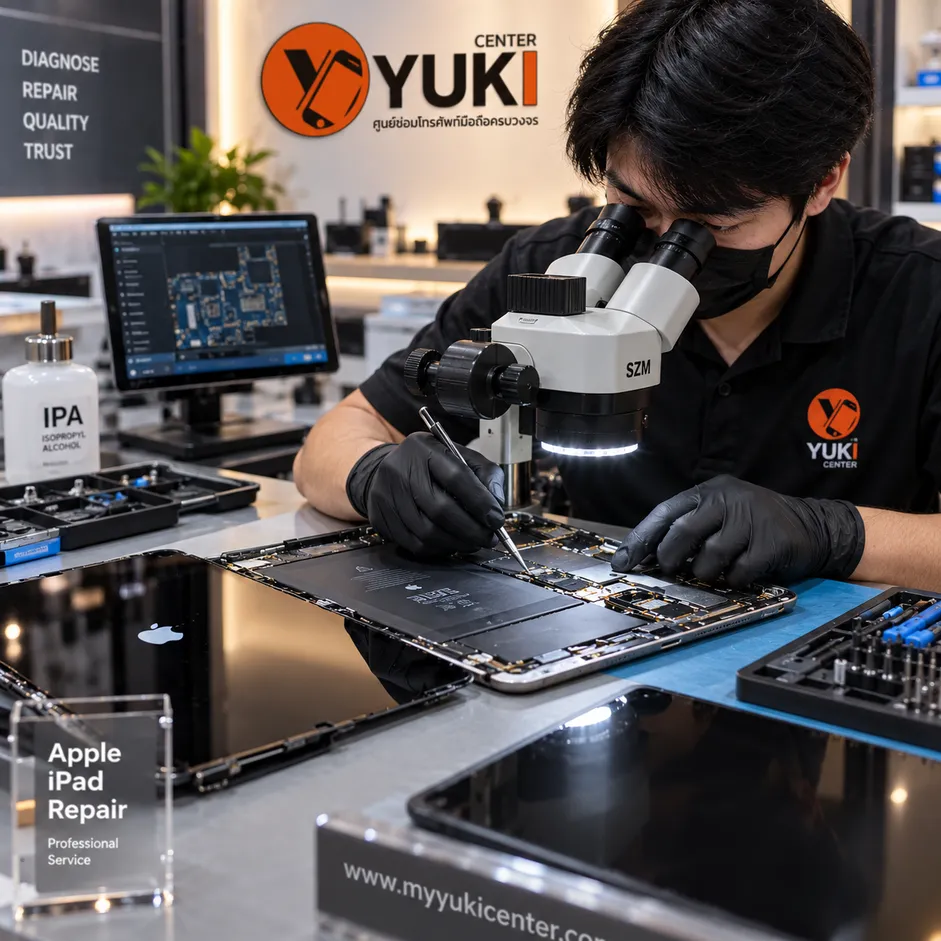 ช่างตรวจซ่อม iPad จอดำแต่เครื่องติด ตรวจเมนบอร์ด Backlight และวงจรด้วยกล้อง Microscope ที่ Yuki Center