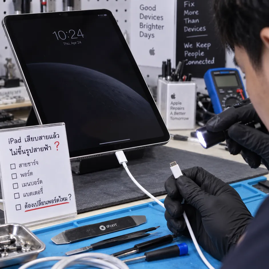 ช่างตรวจ iPad เสียบสายแล้วไม่ขึ้นรูปสายฟ้า เช็กการสัมผัสของพอร์ตชาร์จ สายชาร์จ แบตเตอรี่ และวงจรก่อนซ่อม
