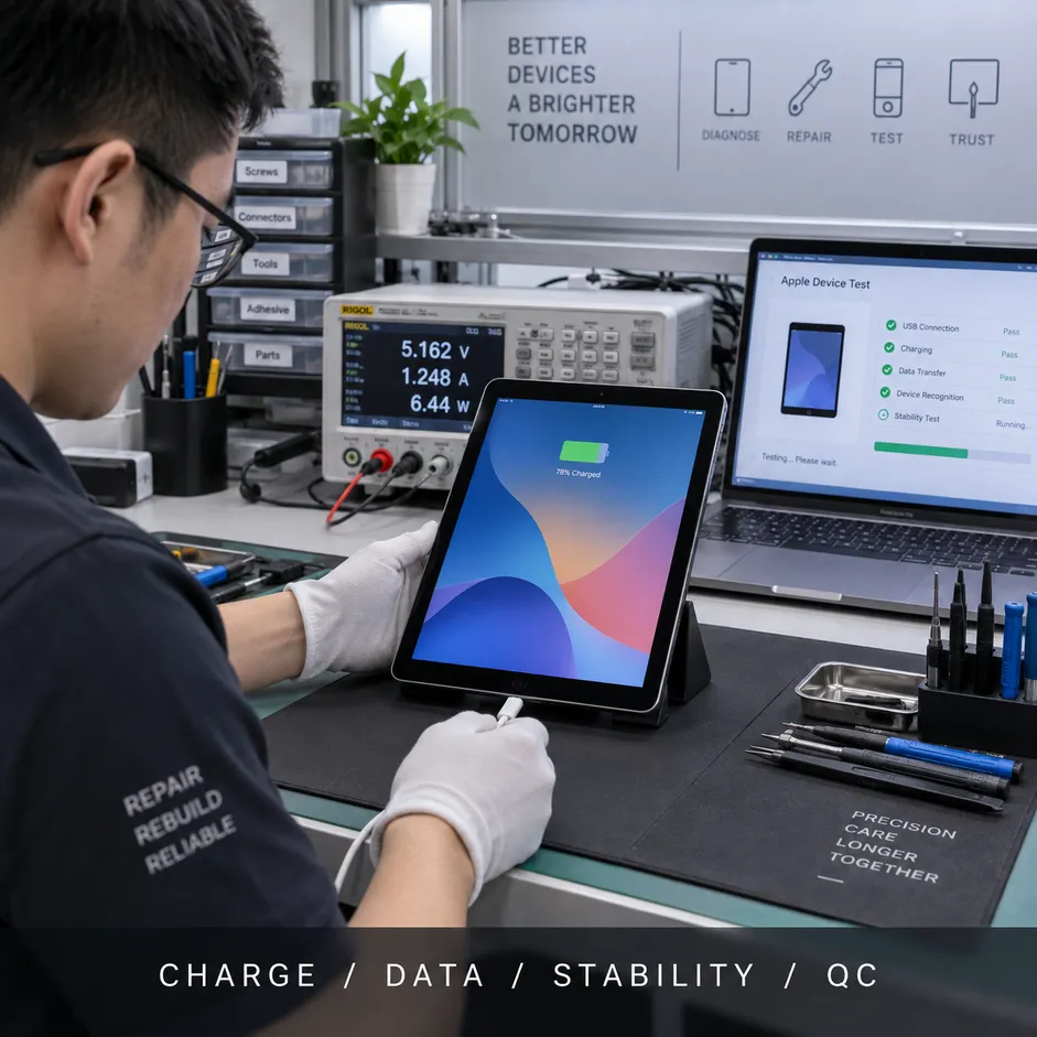 ช่างทดสอบ iPad หลังซ่อม ตรวจการชาร์จ พอร์ตเชื่อมต่อ รับส่งข้อมูล และความเสถียรด้วยเครื่องวัดไฟและคอมพิวเตอร์