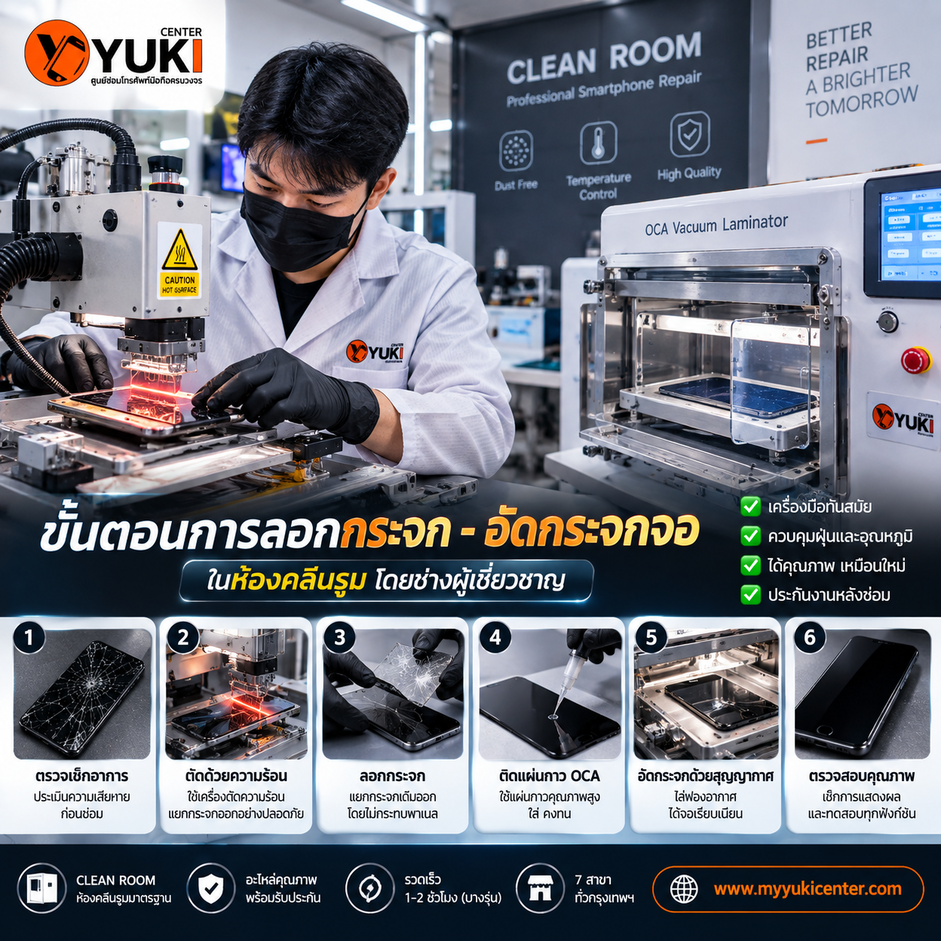 ขั้นตอนลอกกระจก Samsung ในห้อง Clean Room ด้วยเครื่องตัดความร้อนและ OCA Vacuum Laminator ที่ Yuki Center