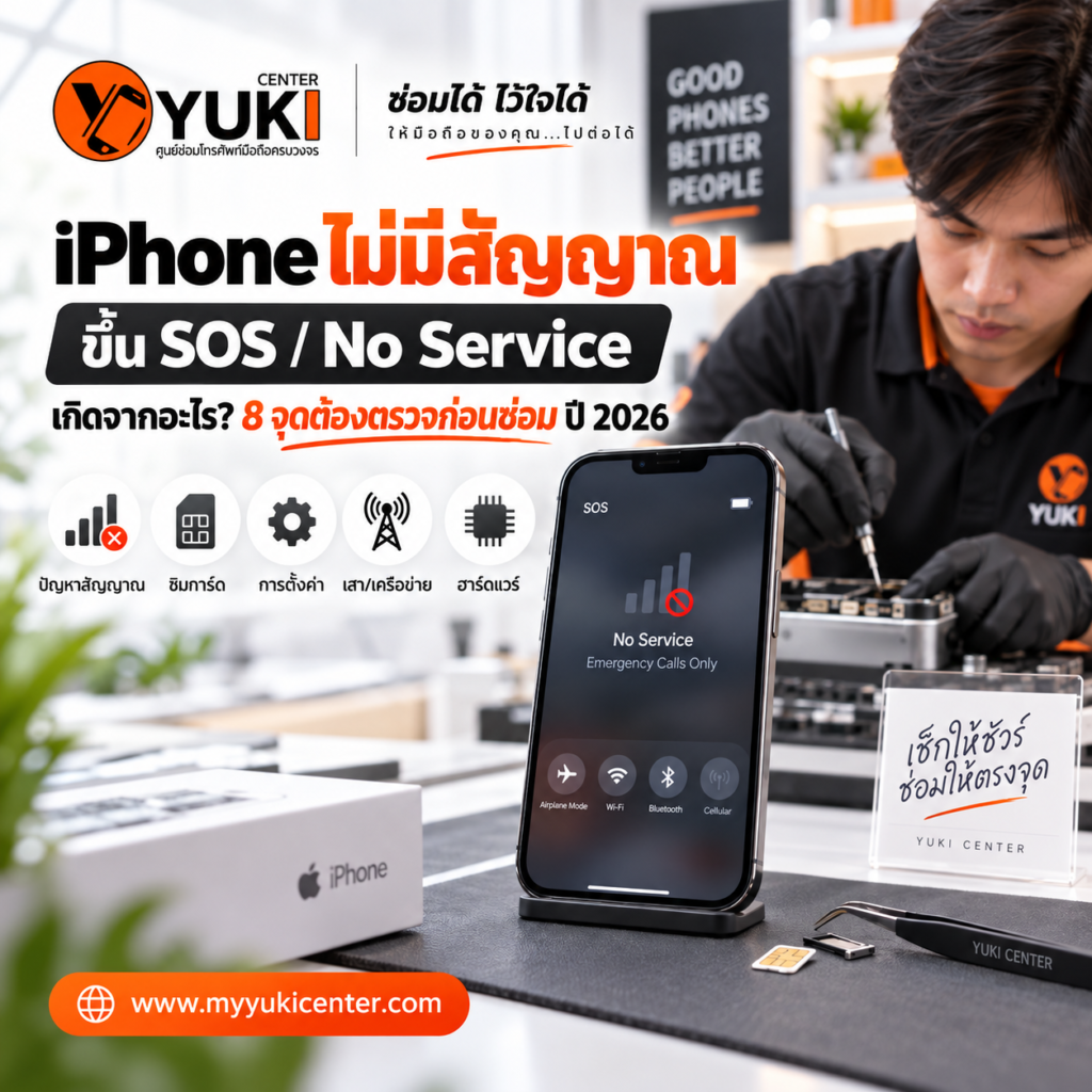 iPhone ไม่มีสัญญาณ ขึ้น SOS หรือ No Service ช่าง Yuki Center ตรวจระบบสัญญาณและเมนบอร์ดก่อนซ่อม