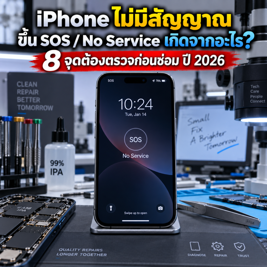 iPhone ไม่มีสัญญาณ ขึ้น SOS หรือ No Service บนโต๊ะซ่อม Clean-Lab พร้อมหัวข้อ 8 จุดต้องตรวจก่อนซ่อม ปี 2026