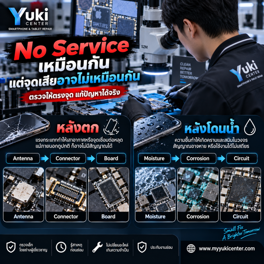 iPhone No Service ไม่มีสัญญาณ หลังตกหรือโดนน้ำ จุดเสียอาจต่างกัน ตั้งแต่ Antenna Connector Mainboard ไปจนถึง Corrosion และ Circuit