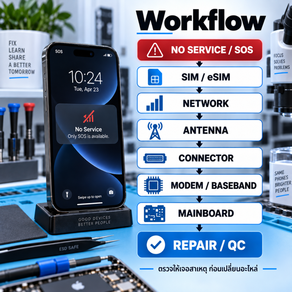 Workflow ตรวจ iPhone ไม่มีสัญญาณ ขึ้น SOS หรือ No Service ไล่เช็ก SIM eSIM เครือข่าย เสาอากาศ Connector Baseband และ Mainboard