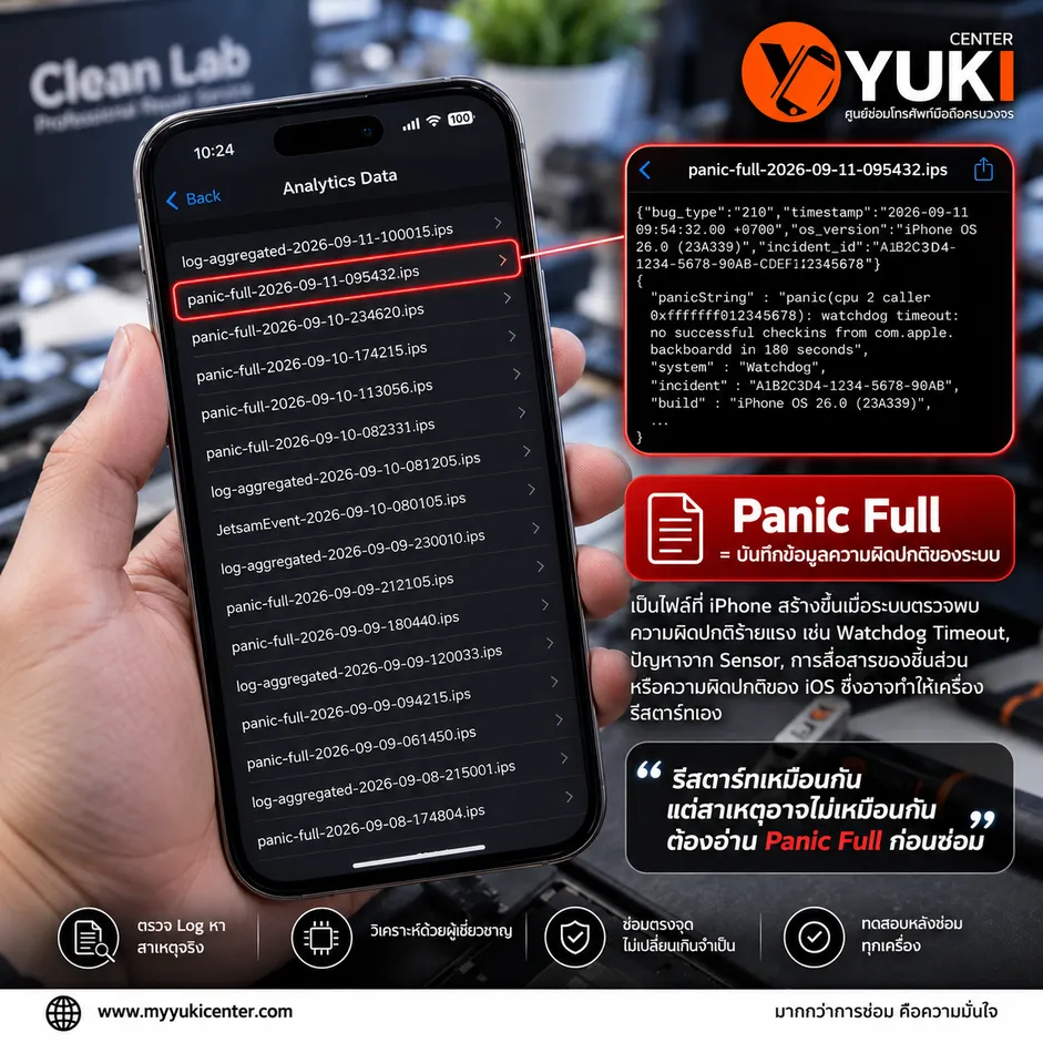 Panic Full iPhone ในเมนู Analytics Data สำหรับวิเคราะห์สาเหตุ iPhone รีสตาร์ทเองทุก 3 นาที