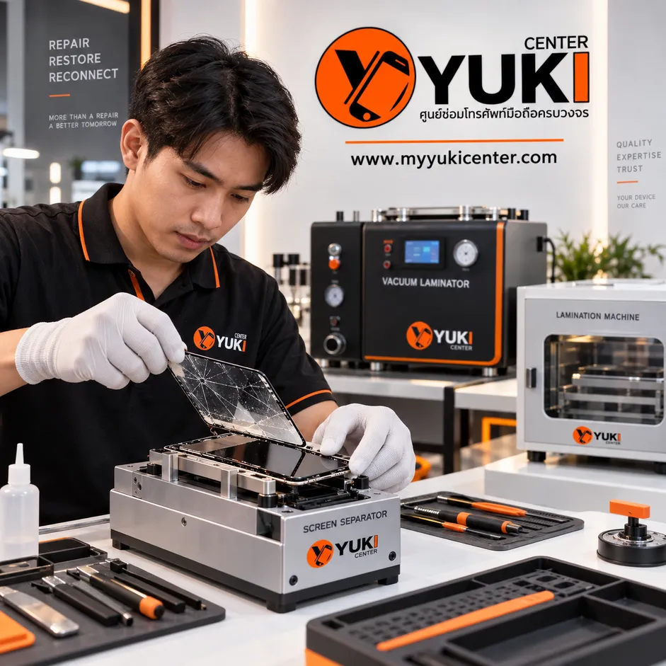 ช่างลอกกระจก iPhone ด้วยเครื่อง Separator และ Vacuum Laminator ใน Clean-Lab Yuki Center