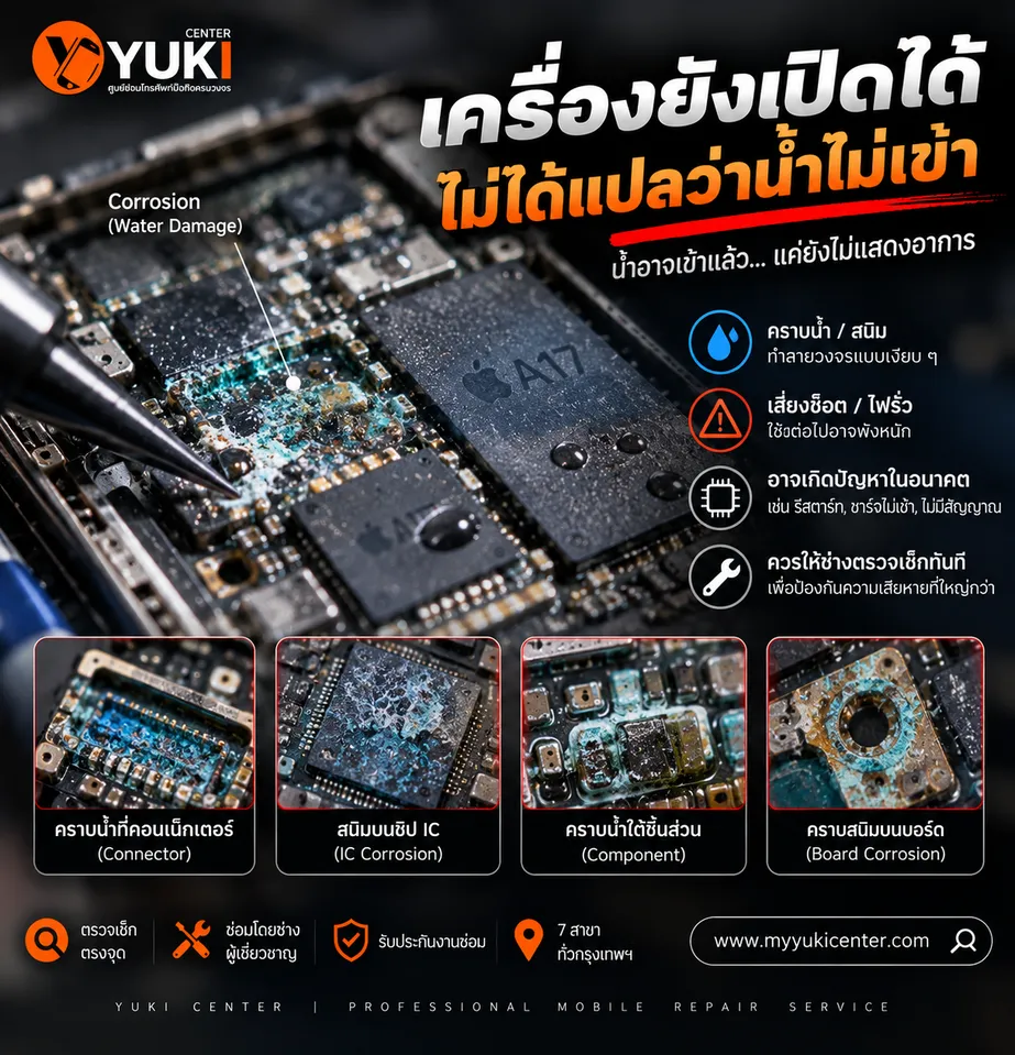 มือถือโดนน้ำยังเปิดได้ พบคราบน้ำและสนิมบนเมนบอร์ด ควรตรวจเช็กก่อนใช้งานต่อ