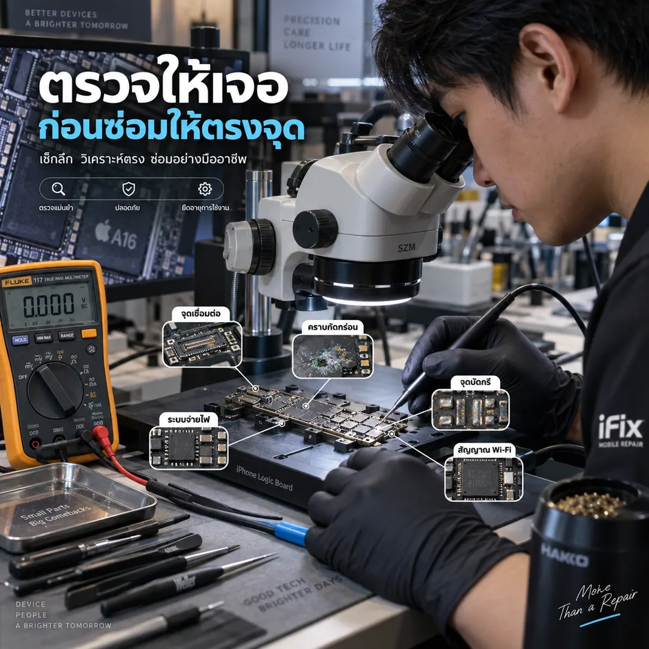 ช่างตรวจเมนบอร์ด iPhone ใต้กล้อง Microscope เช็กวงจรไฟ Connector และสัญญาณ Wi-Fi ก่อนซ่อม
