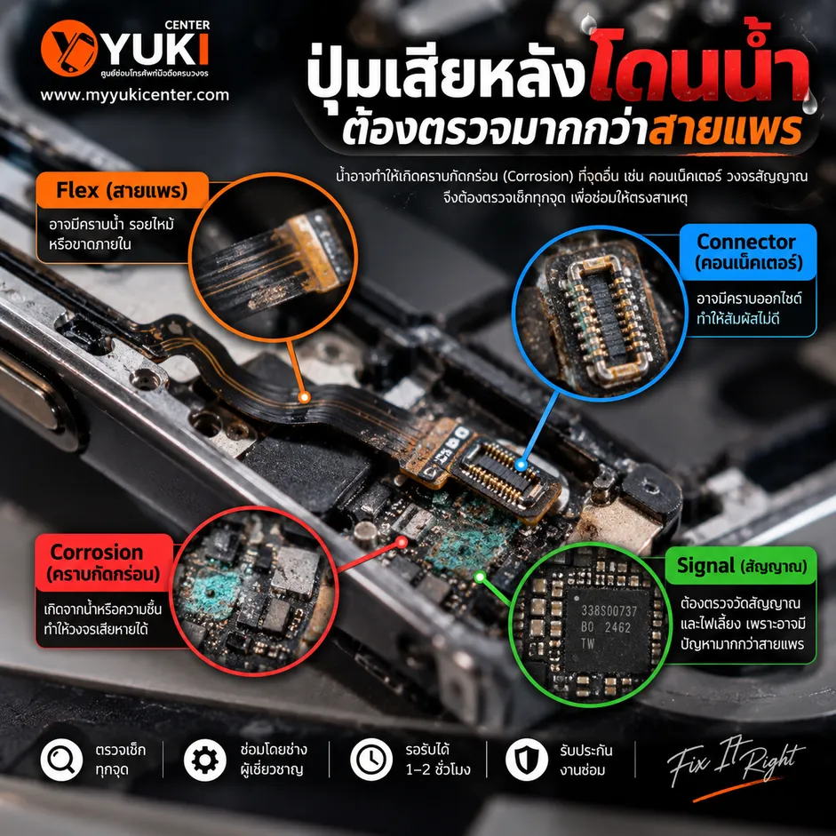 iPhone ปุ่ม Power เสียหลังโดนน้ำ ตรวจสายแพร Connector คราบกัดกร่อน และสัญญาณก่อนซ่อม