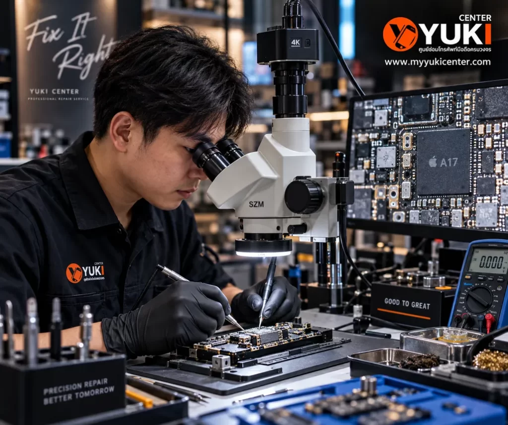 ช่างตรวจเมนบอร์ด iPhone ใต้กล้อง Microscope เพื่อวิเคราะห์ปุ่ม Power กดไม่ติดและปัญหา Logic Board