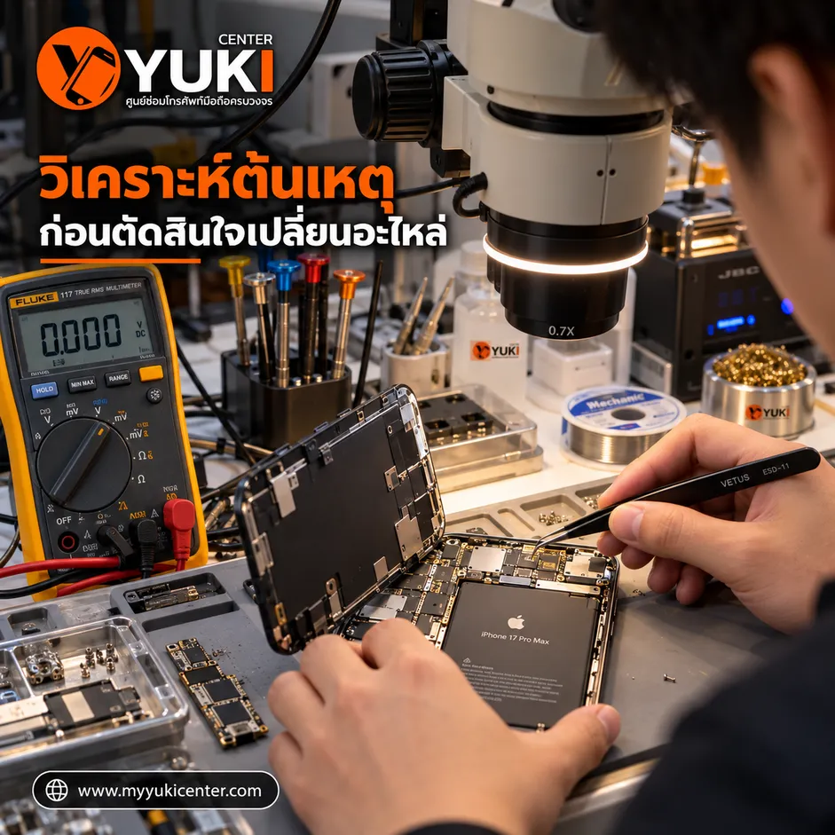 ช่างตรวจ Logic Board และสายแพร iPhone ใต้ Microscope ก่อนเปลี่ยนอะไหล่