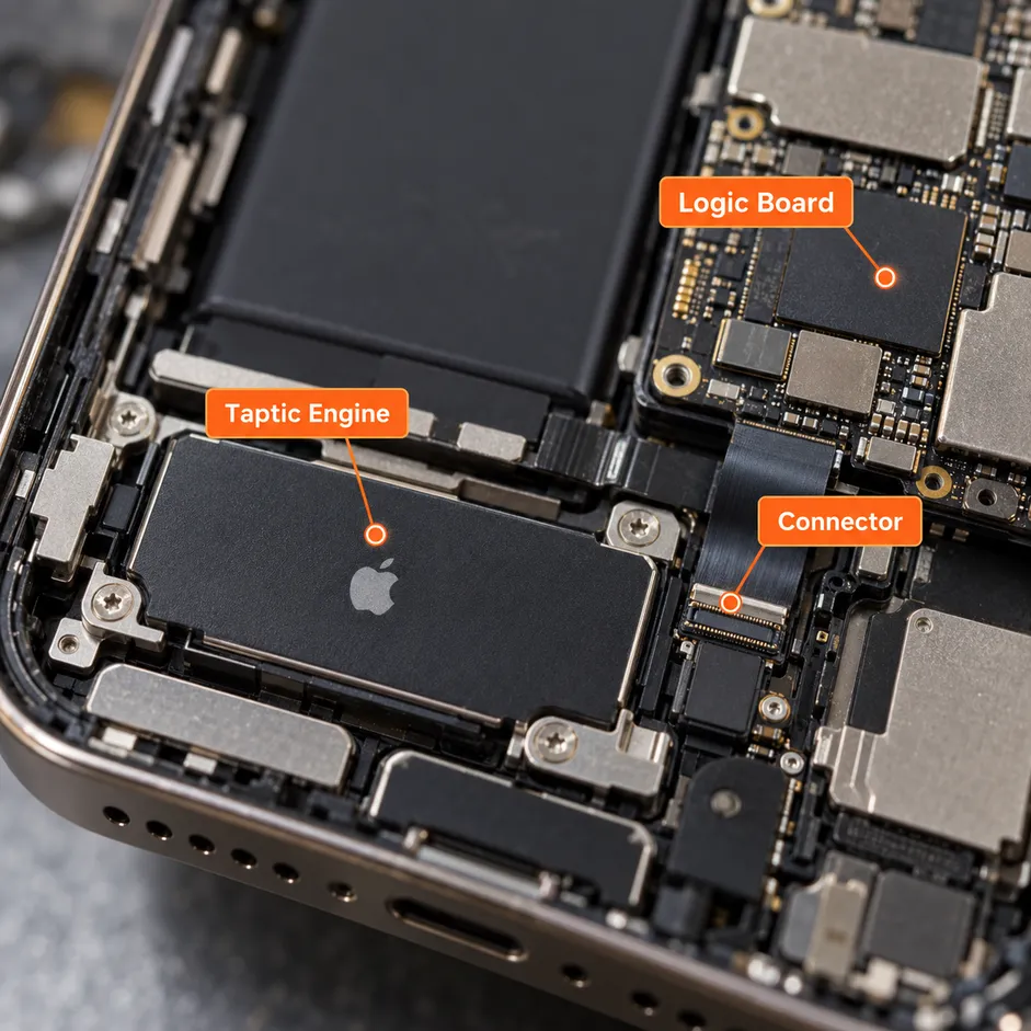 Taptic Engine ภายใน iPhone พร้อมตำแหน่ง Connector และ Logic Board สำหรับตรวจอาการ iPhone ไม่สั่น