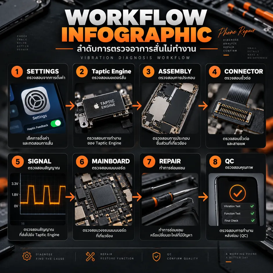 Workflow ตรวจอาการ iPhone สั่นไม่ทำงาน ตั้งแต่ Settings ถึง Taptic Engine Connector Mainboard และ QC