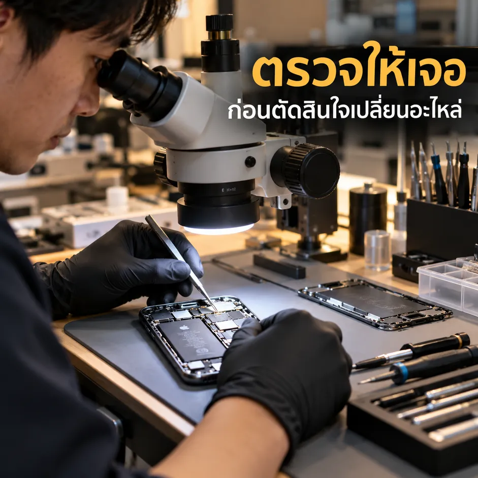 ช่างตรวจ iPhone ใต้ Microscope วิเคราะห์อาการ iPhone ไม่สั่นก่อนเปลี่ยนอะไหล่