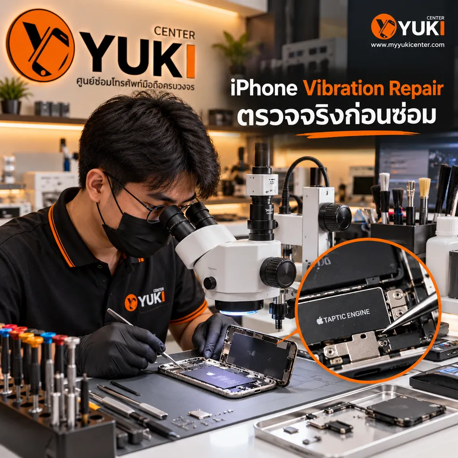 iPhone Vibration Repair ที่ Yuki Center ช่างตรวจ Taptic Engine ใต้ Microscope ก่อนซ่อม